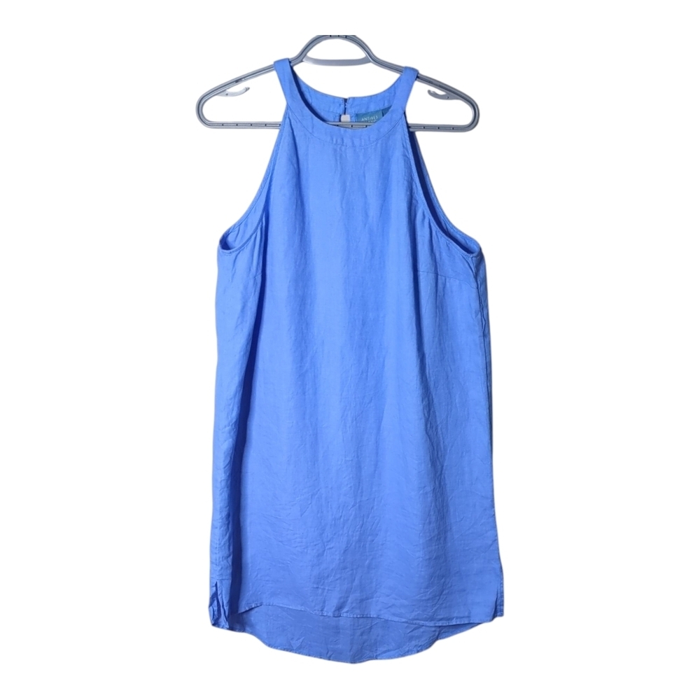Antibes Blanc Dress Linen Blue Periwinkle Mid Length Halter Neck Medium Shift